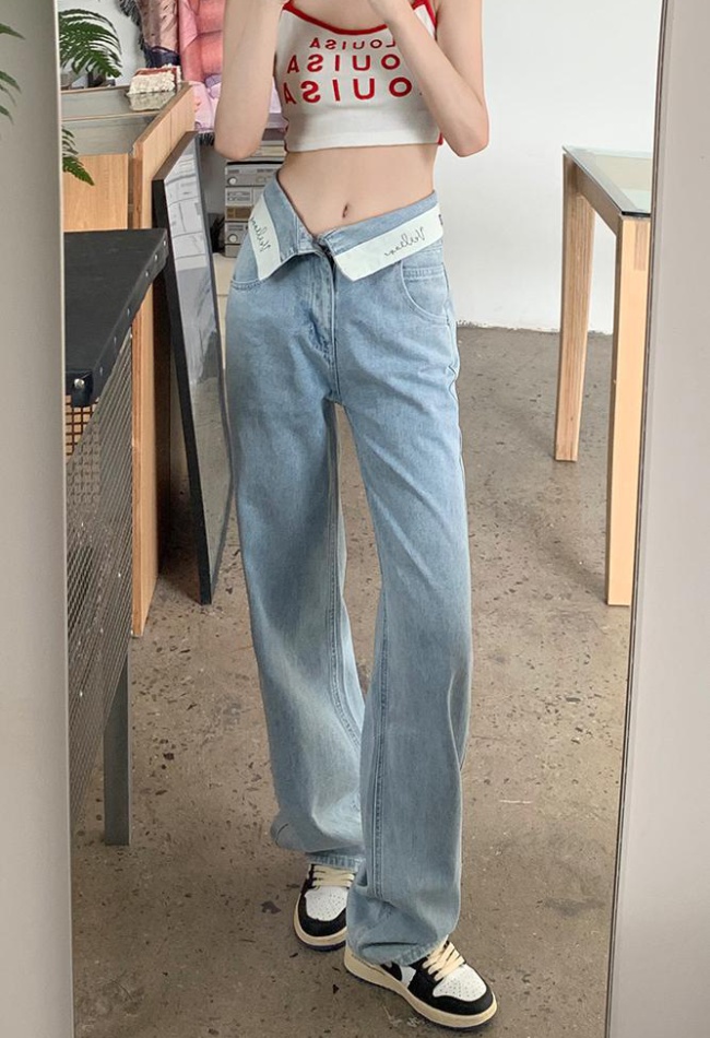 Letters straight wide leg pants slim jeans for women
