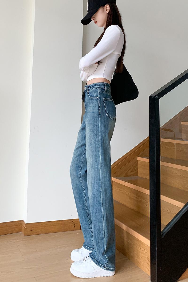 High waist straight pants light-blue slim jeans for women