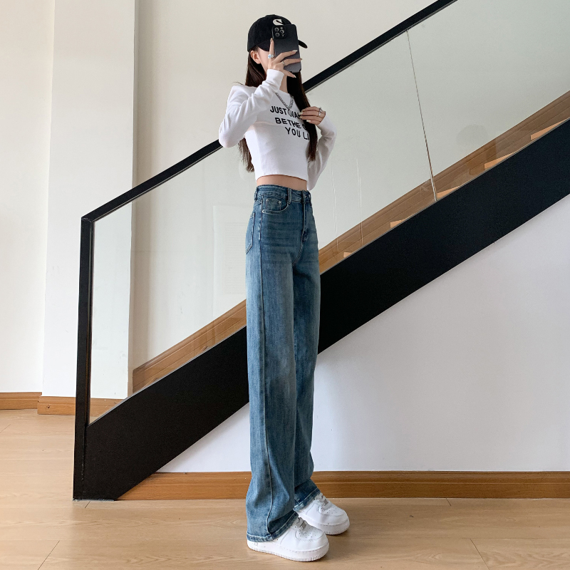 High waist straight pants light-blue slim jeans for women