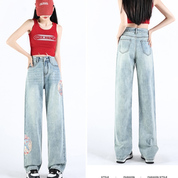 Embroidery lengthen jeans high quality long pants for women