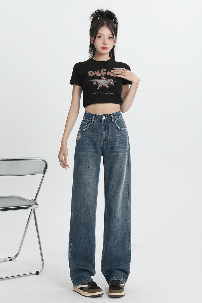 High waist straight jeans worn long pants for women