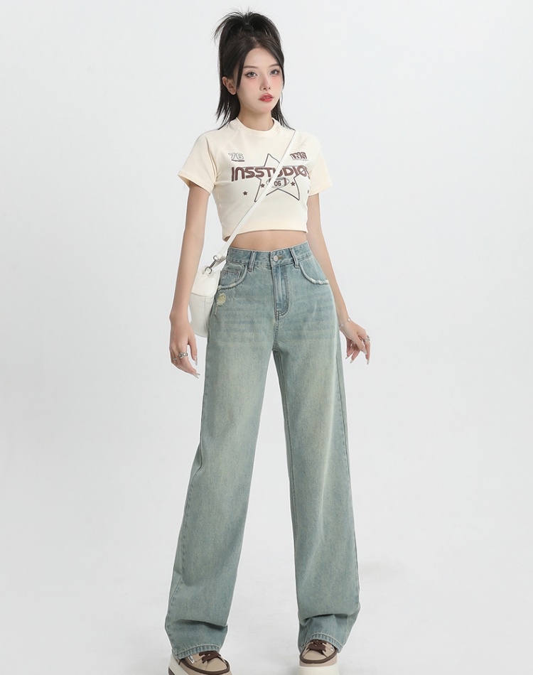 Straight high waist long pants slim drape jeans for women