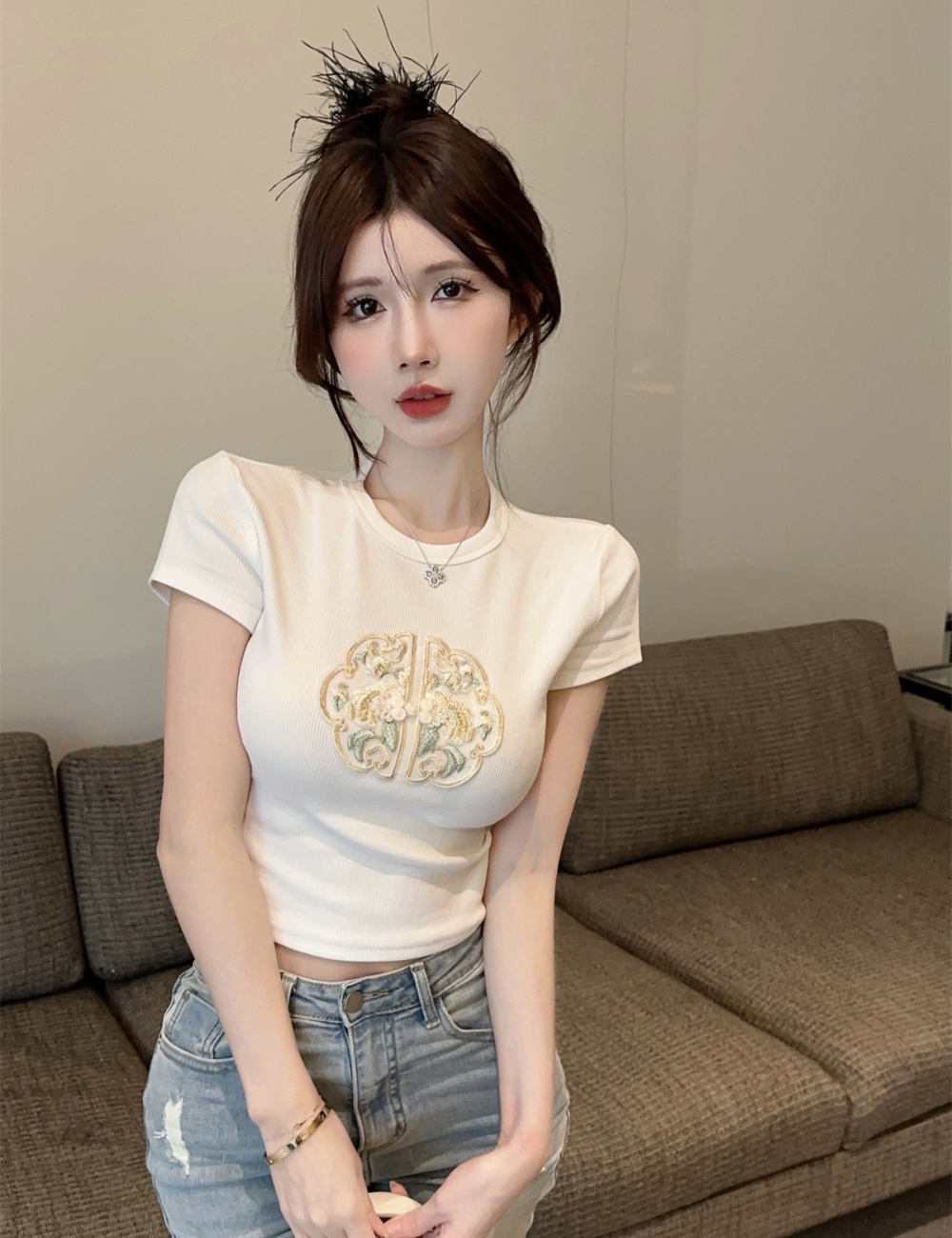 Embroidery retro T-shirt Chinese style summer cheongsam for women