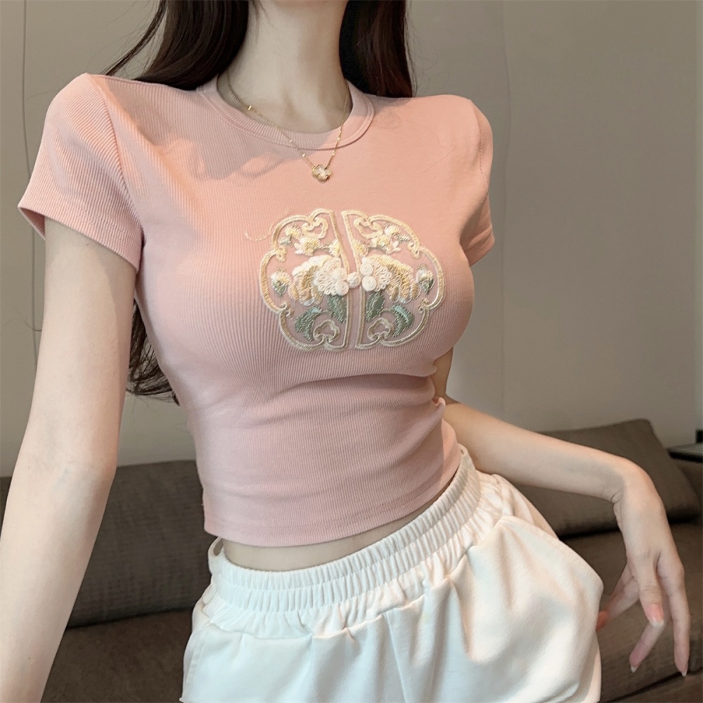 Embroidery retro T-shirt Chinese style summer cheongsam for women