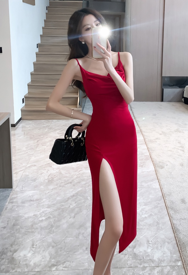Sexy halter temperament long dress slit red dress