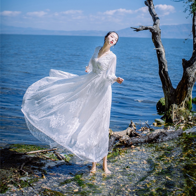 Spring gauze fake long dress white seaside lace dress