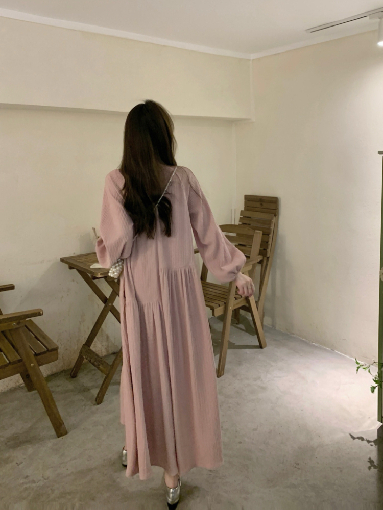 Round neck fold loose Korean style long grain dress