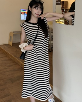 All-match slim stripe loose simple knitted long dress