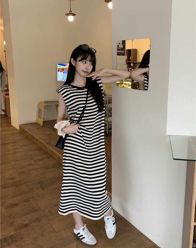All-match slim stripe loose simple knitted long dress