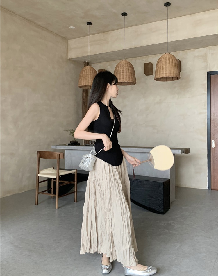Slim V-neck high waist tops elasticity fold knitted skirt