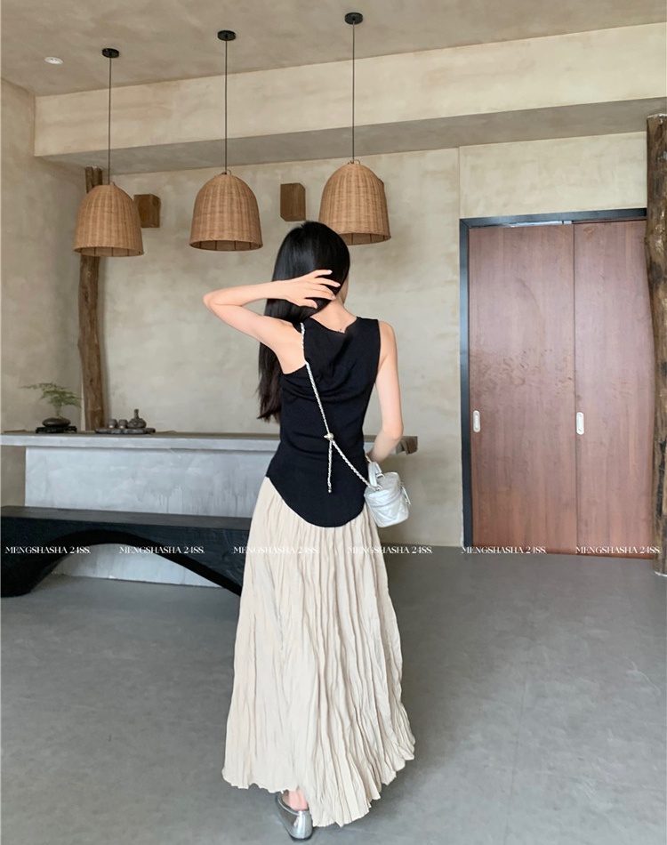 Slim V-neck high waist tops elasticity fold knitted skirt
