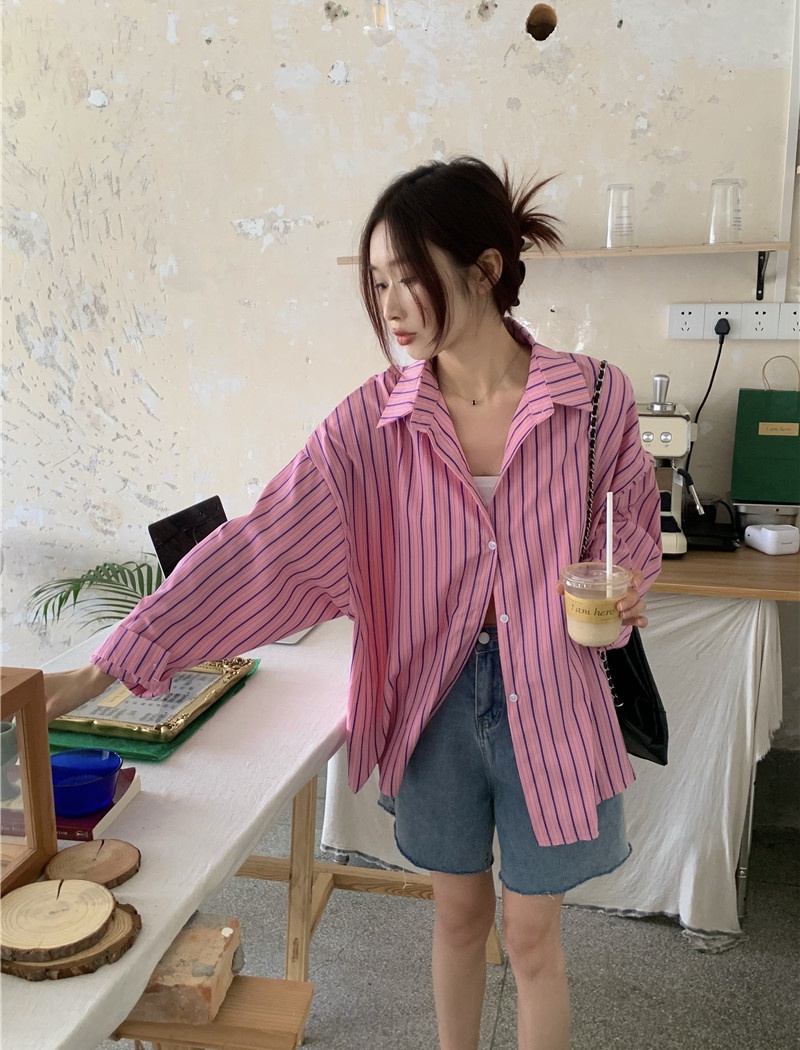 Sunscreen stripe loose Korean style slim shirt