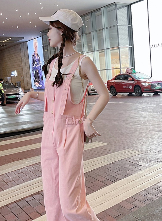 Spring and summer bib pants pink wide leg pants for women