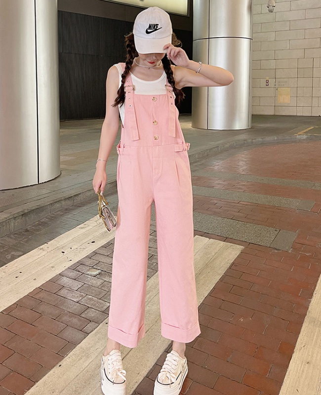 Spring and summer bib pants pink wide leg pants for women