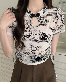 Ink drawstring Chinese style retro gauze tops for women