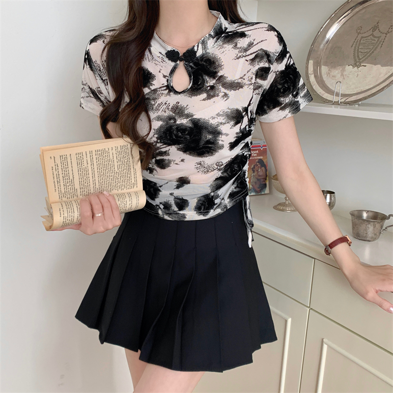 Ink drawstring Chinese style retro gauze tops for women