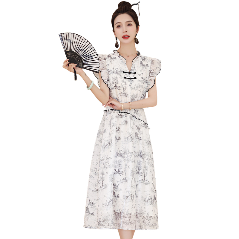 Chinese style retro printing boats sleeve bow dress for women