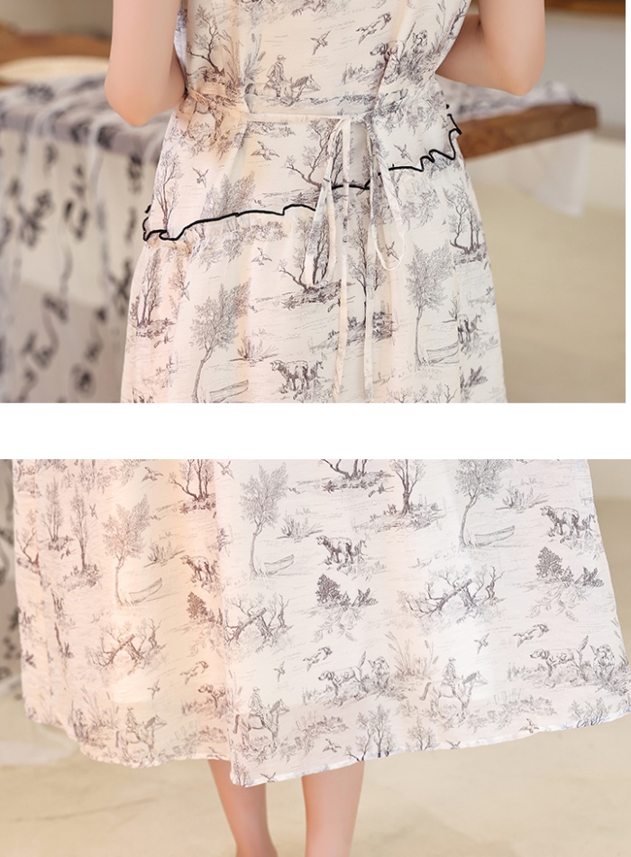 Chinese style retro printing boats sleeve bow dress for women