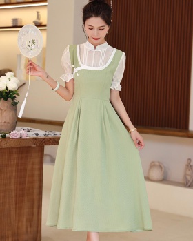 Pseudo-two splice bow summer retro Chinese style dress