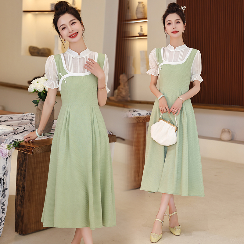 Pseudo-two splice bow summer retro Chinese style dress
