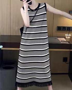 Knitted lazy tassels dress sleeveless stripe long dress