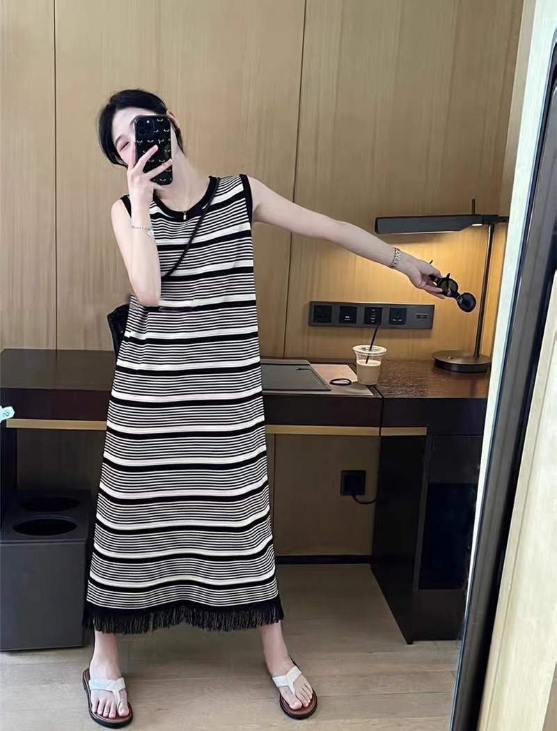 Knitted lazy tassels dress sleeveless stripe long dress