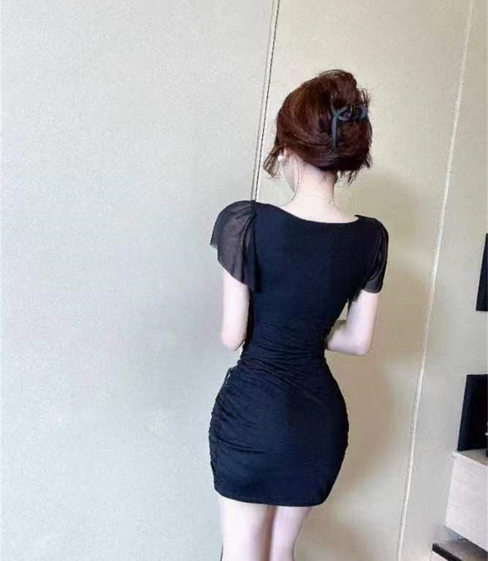 Bottoming package hip gauze short sleeve square collar dress