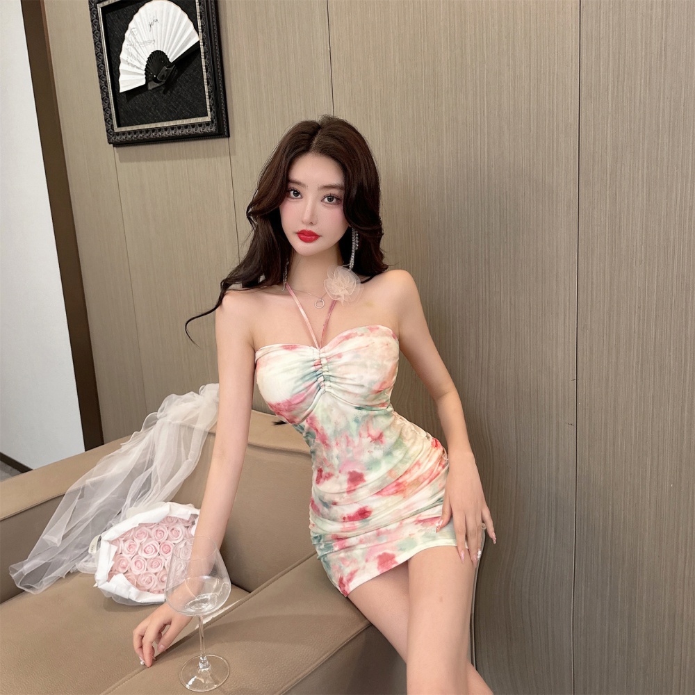 Printing sexy halter bottoming gauze package hip short dress