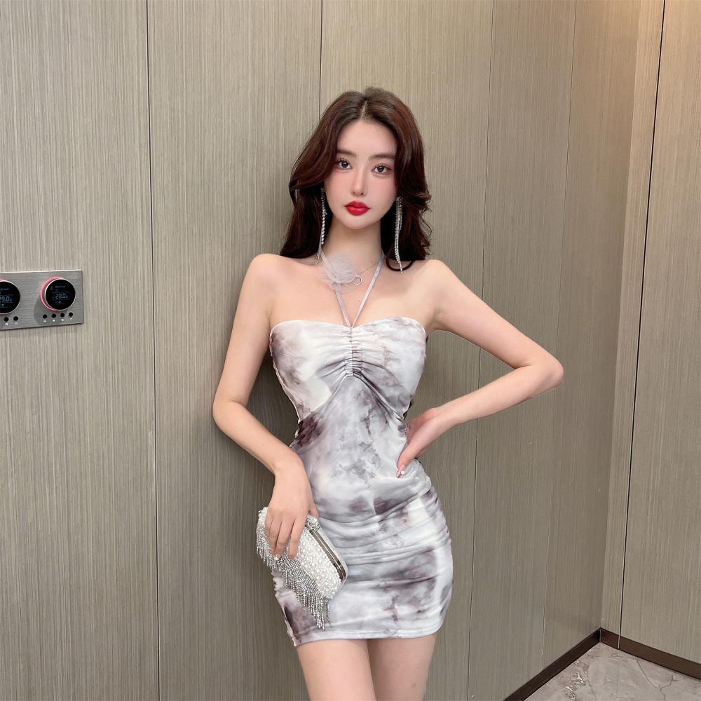 Printing sexy halter bottoming gauze package hip short dress