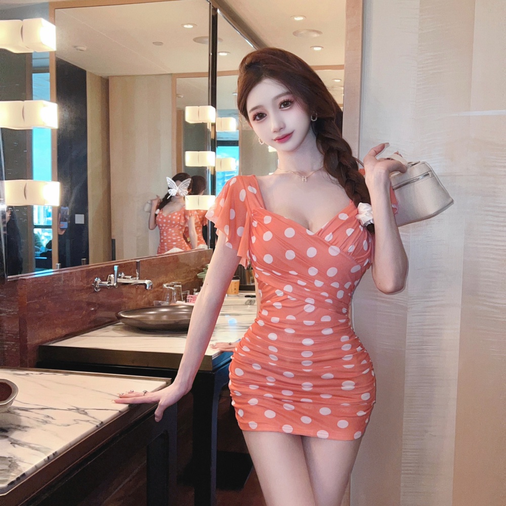 Overalls sexy low-cut slim pinched waist gauze dress
