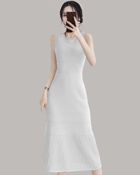 Knitted pinched waist summer vest romantic hollow dress
