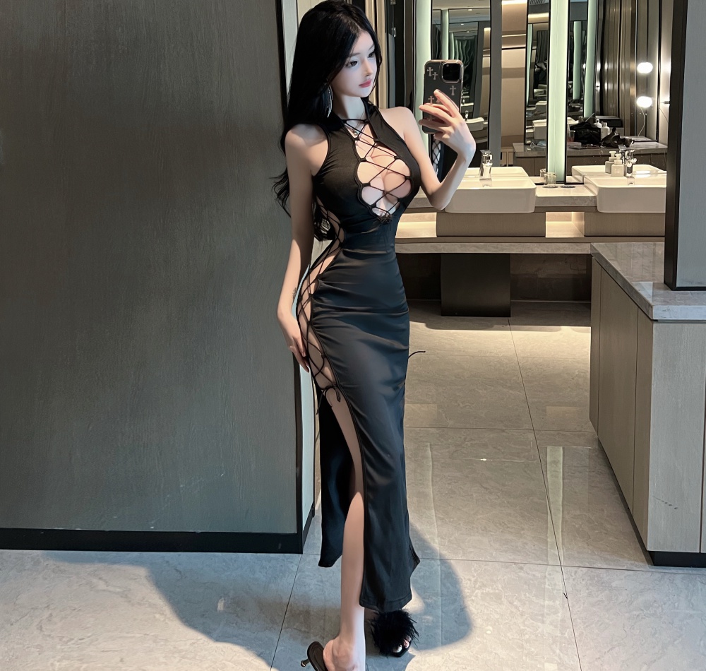 Spicegirl hollow formal dress black show chest long dress