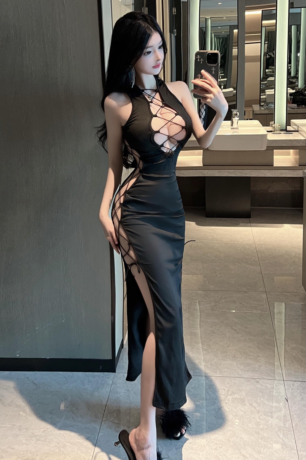 Spicegirl hollow formal dress black show chest long dress