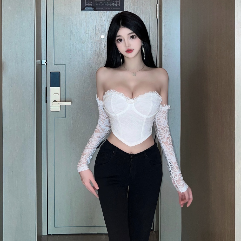 Sexy enticement white lace tight horizontal collar tops