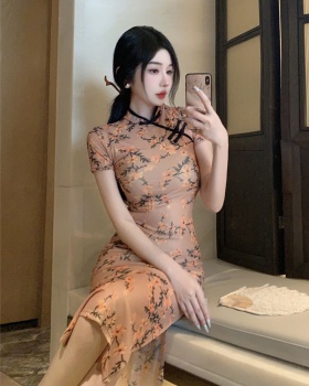 High split gauze printing cheongsam long retro dress