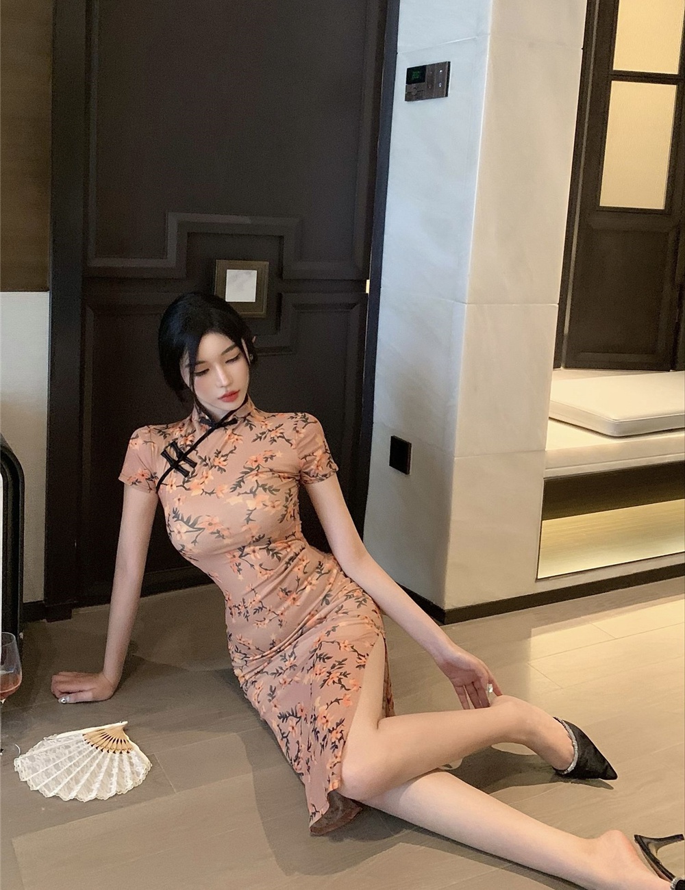 High split gauze printing cheongsam long retro dress