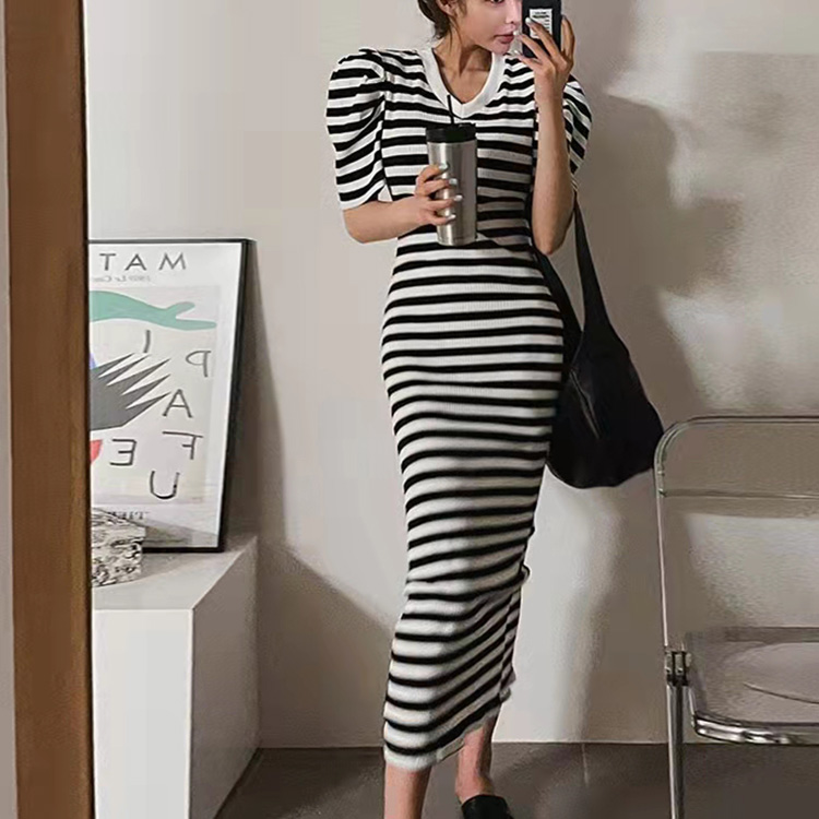 Knitted stripe slim long dress Casual summer Korean style dress