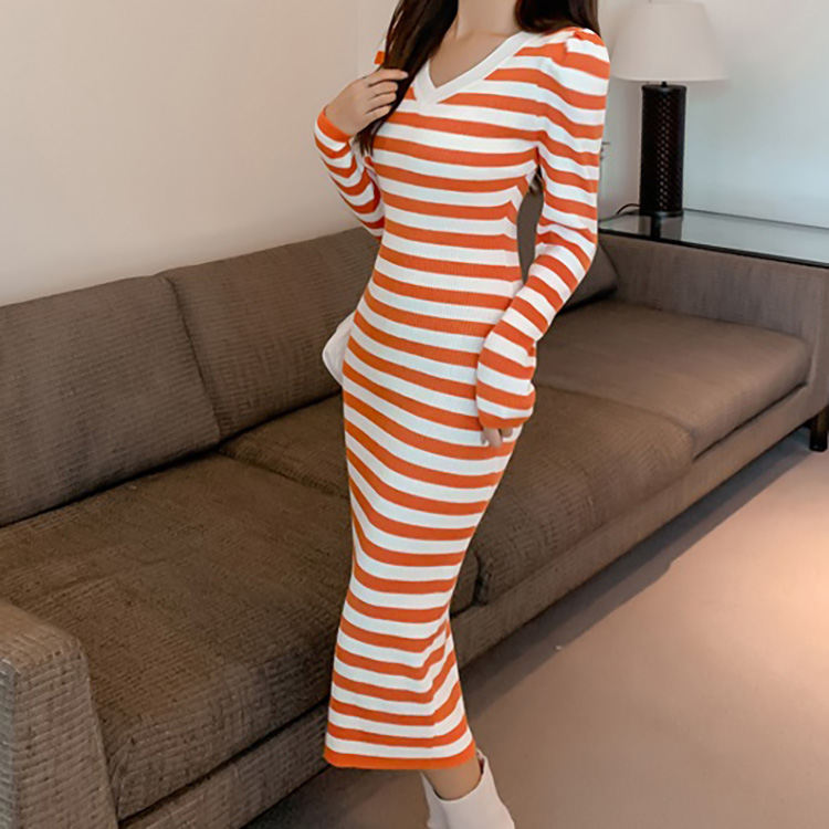 Knitted stripe slim long dress Casual summer Korean style dress
