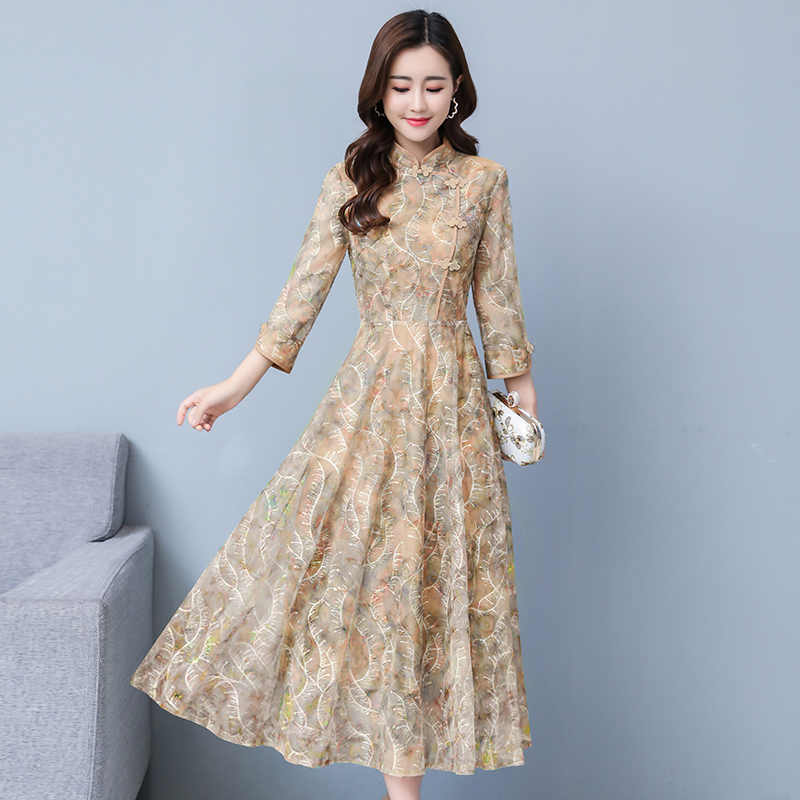 Lace slim cheongsam long retro dress for women