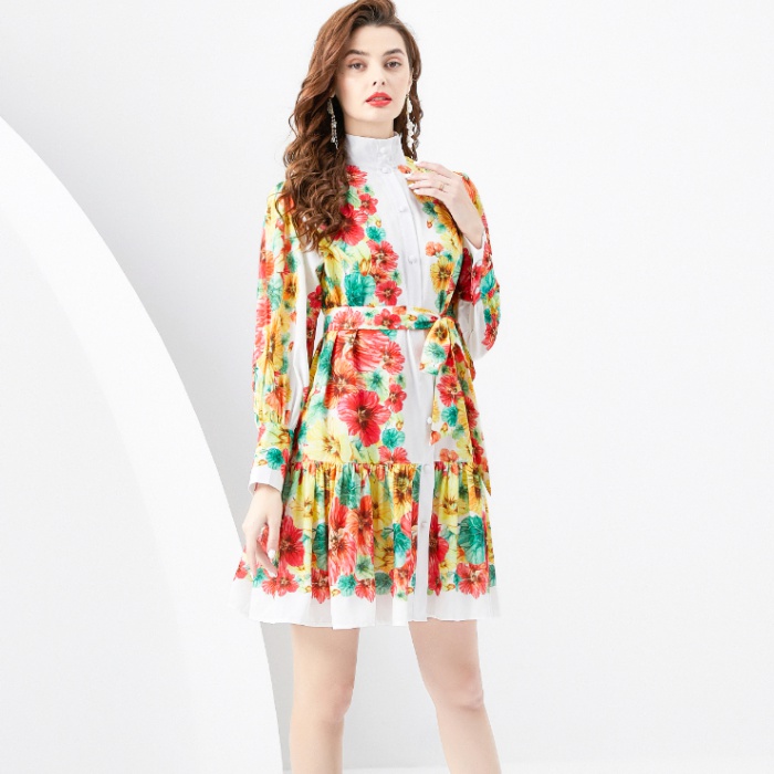 Spring and summer court style cstand collar dress