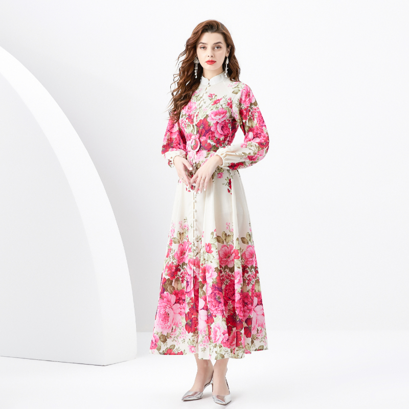 Spring and summer cstand collar long single-breasted dress