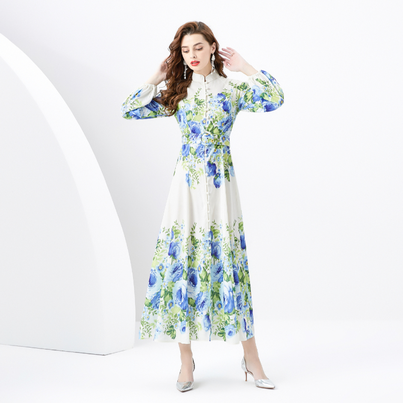 Single-breasted long vacation cstand collar dress
