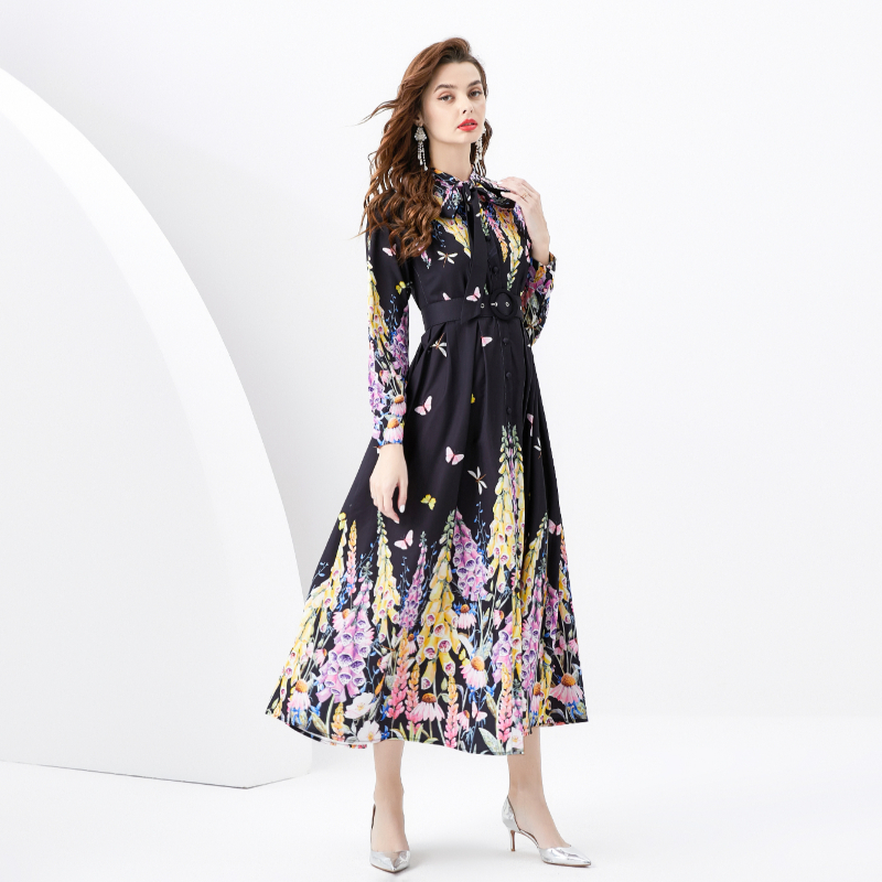 Spring and summer retro canvas printing dress