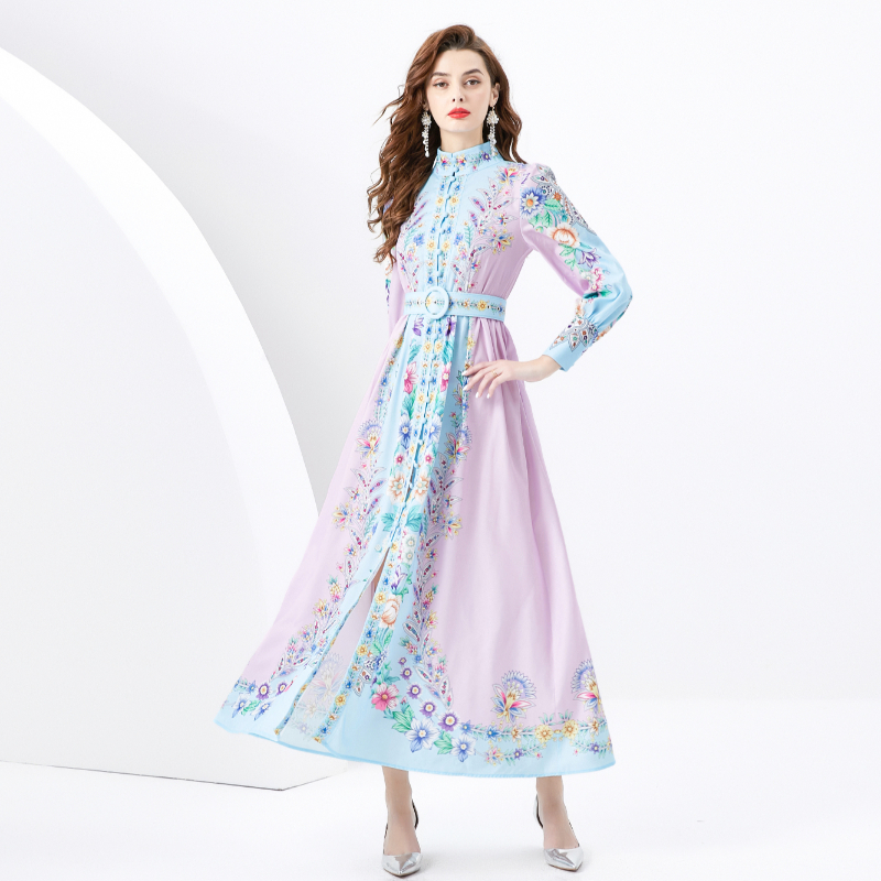 Wavy edge spring and summer long cstand collar dress