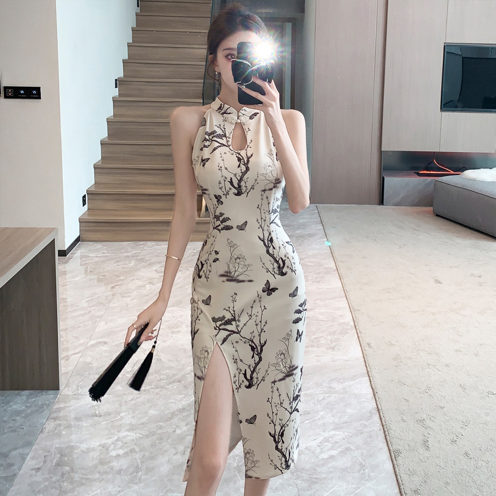 Retro halter slim cheongsam split Chinese style long dress