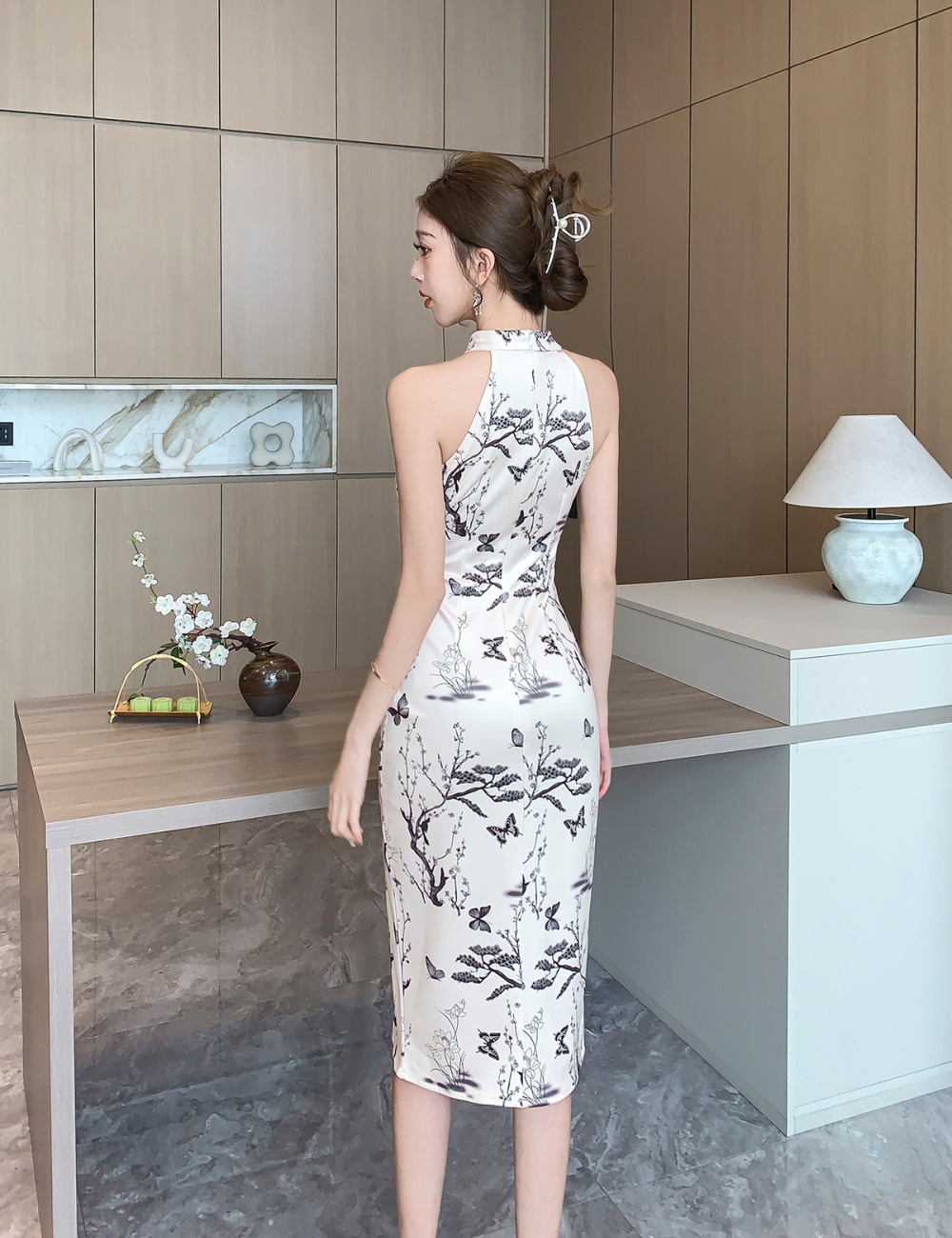 Retro halter slim cheongsam split Chinese style long dress