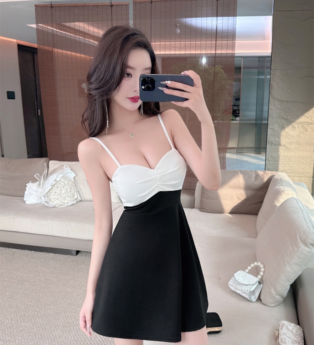 Mixed colors sling pinched waist sexy splice bottoming dress