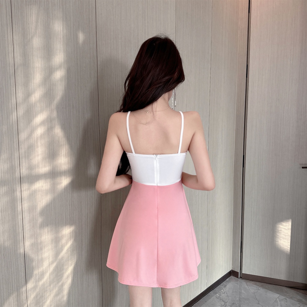 Mixed colors sling pinched waist sexy splice bottoming dress