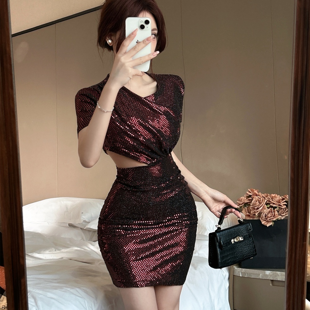 Pinched waist low-cut sexy Korean style dress