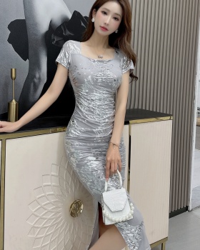 Short sleeve printing dress light luxury long dress